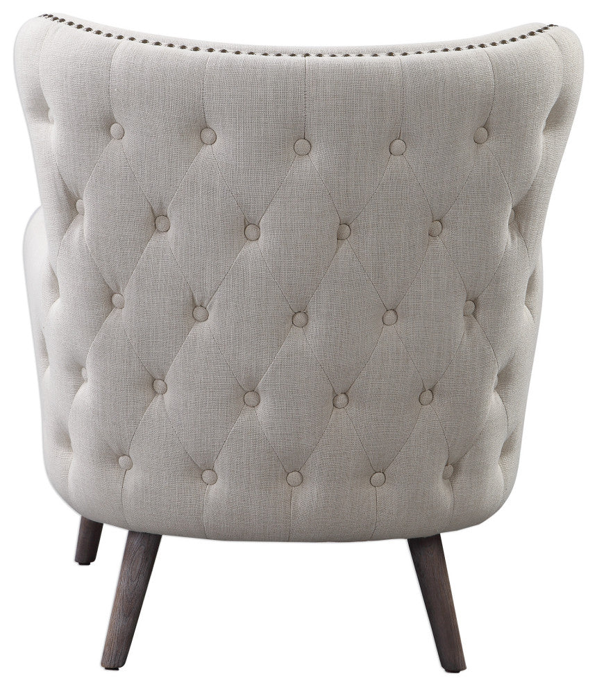 Sculpted Wide Cream Wing Back Lounge Chair Arm Button Tufted Contemporary Modern