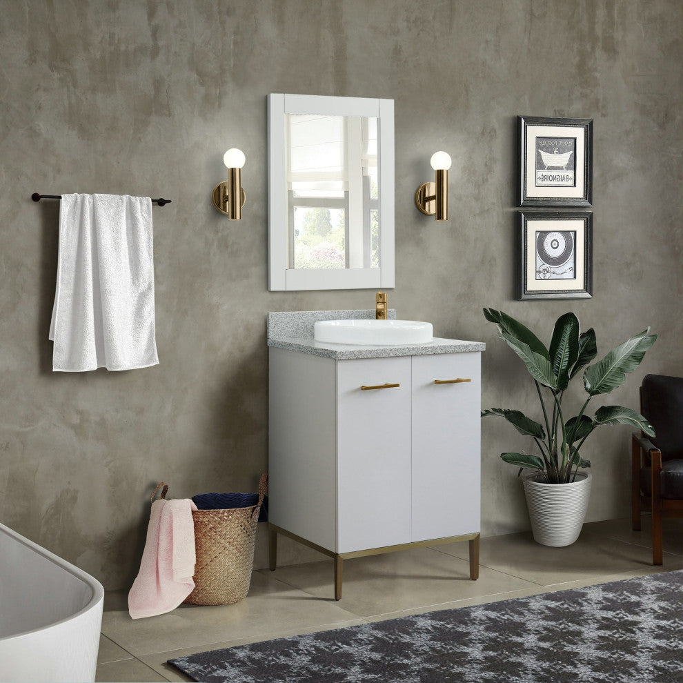 25" Single Sink Vanity, White Finish With Gray Granite And Round Sink