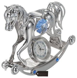 Chrome Plated Crystal Studded Silver Rocking Horse Desk Clock Ornament