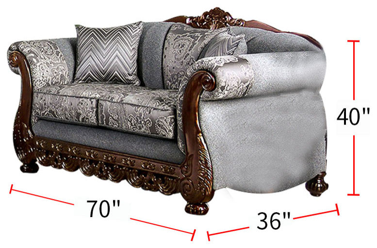 Chenille Love Seat with Wood Trim Design, Gray