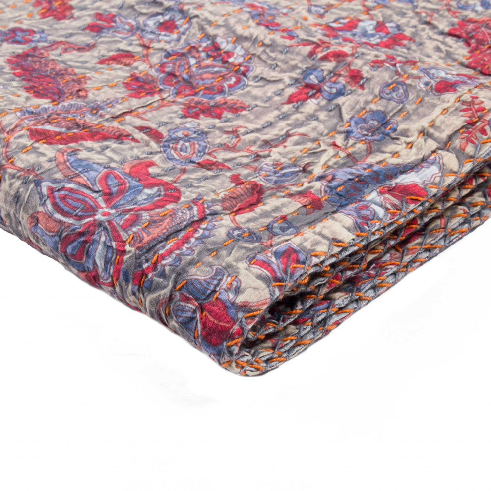 50" X 70" Green and Pink Kantha Cotton Paisley Throw Blanket with Embroidery