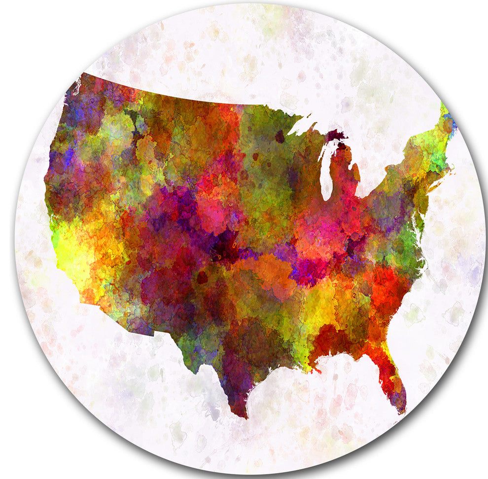 United States Map In Colors, Watercolor Painting Round Wall Art, 23"