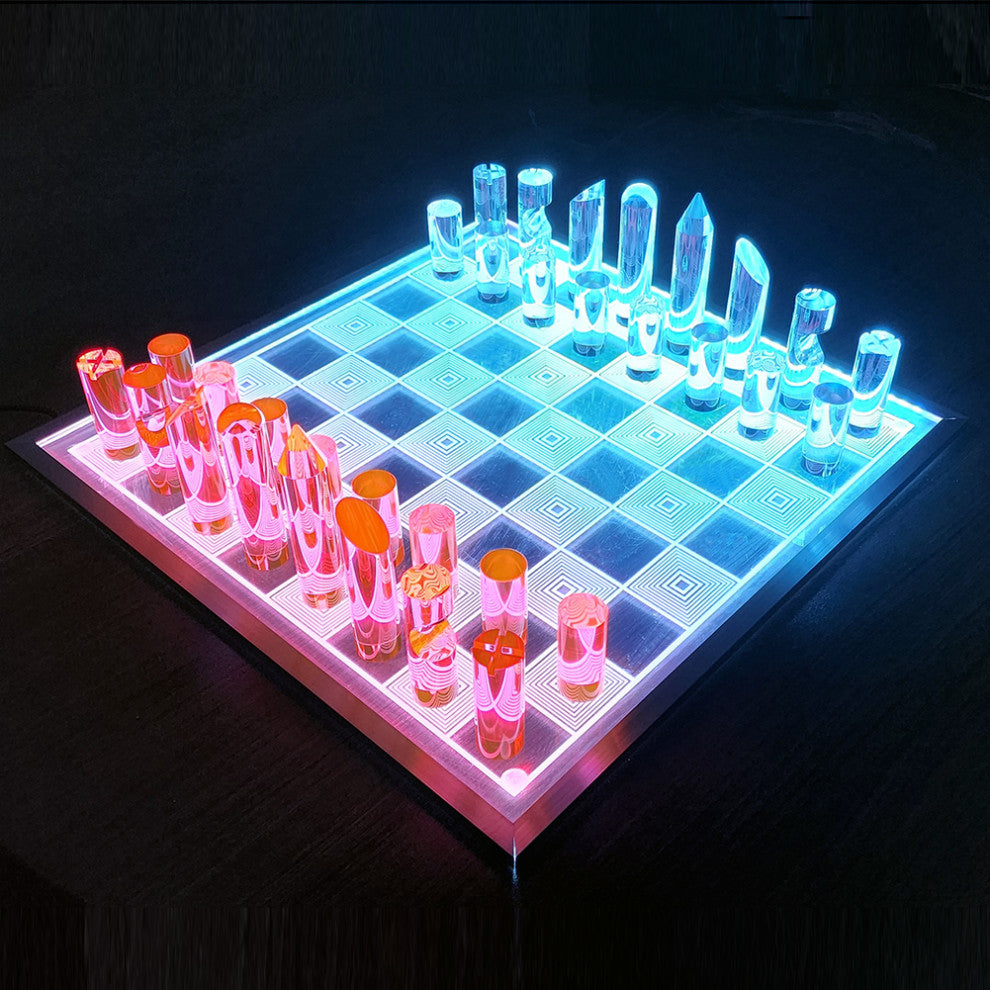 OnDisplay 3D Luxe Acrylic Fire & Ice LED Light Glowing Chess Set - Luxury Laser