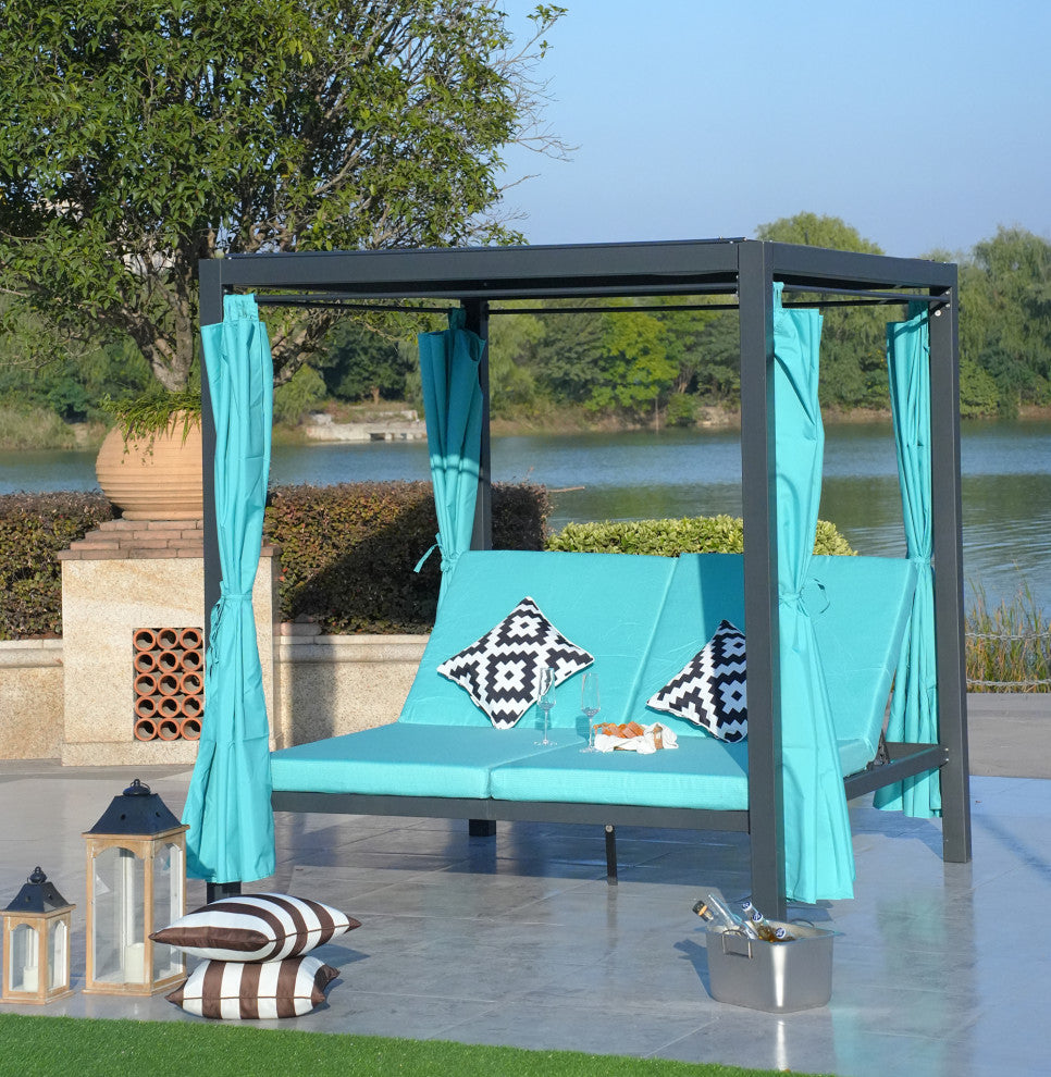 Outdoor Dual Chaise Lounger Cushioned Sunbed With Adjustable Curtains & Canopy, Cyan