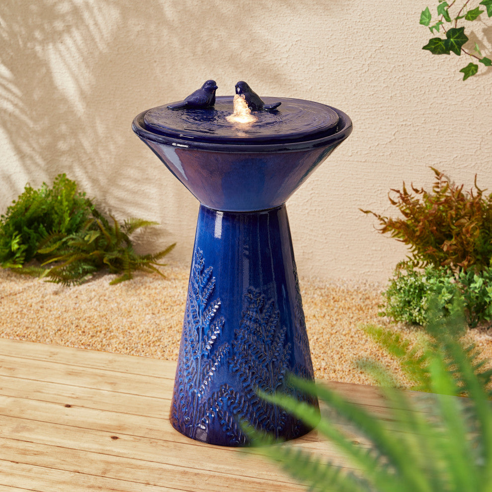 Cobalt Plant Pattern Pedestal Ceramic Fountain