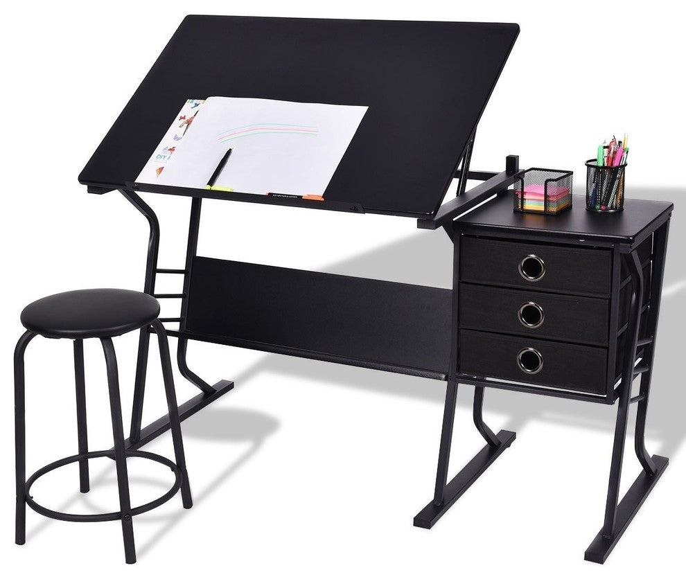 Modern Style Black Adjustable Drafting Table with Stool and Side Drawers