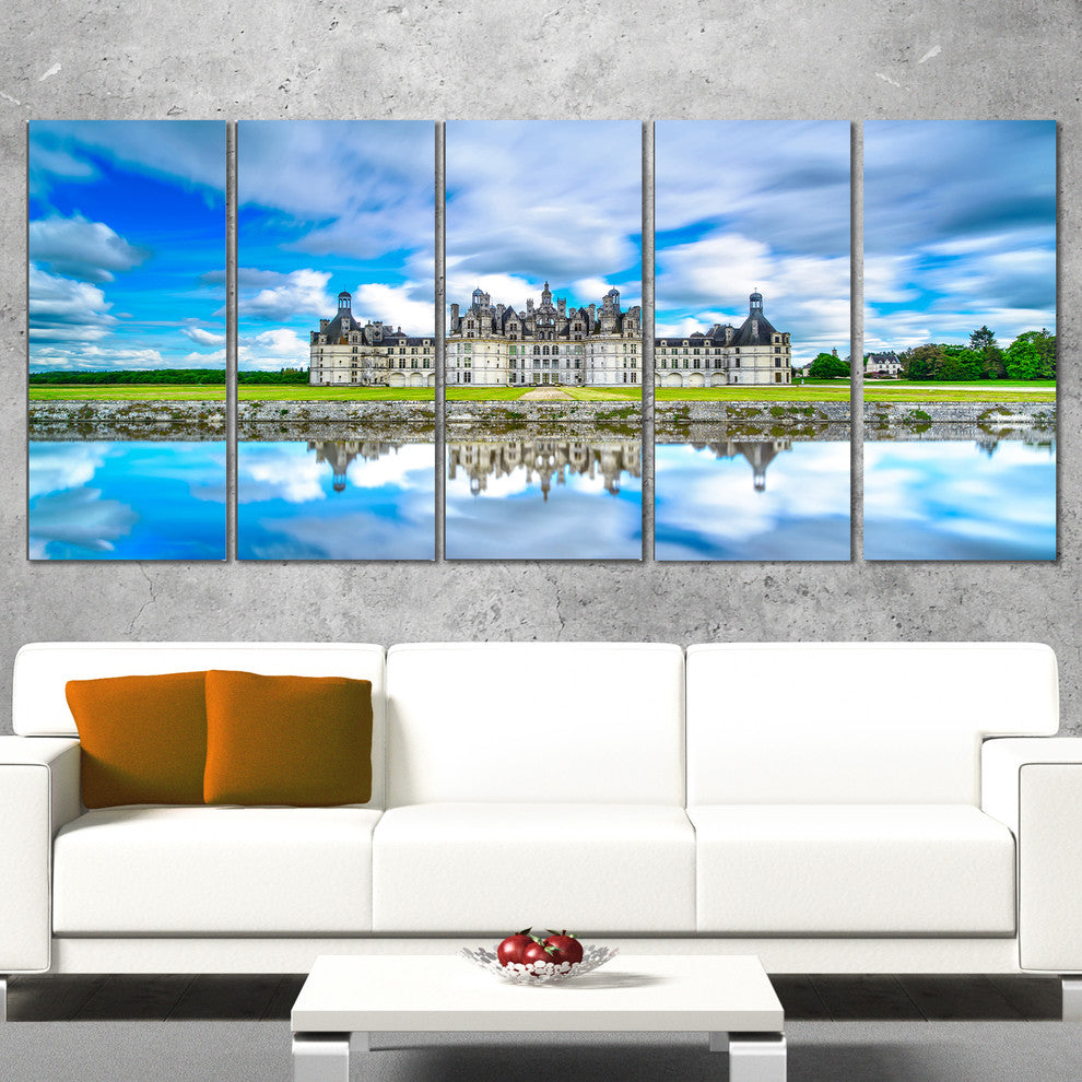 "Chateau De Chambord Castle in Blue" Landscape Wall Art Print, 5 Panels, 60"x28"