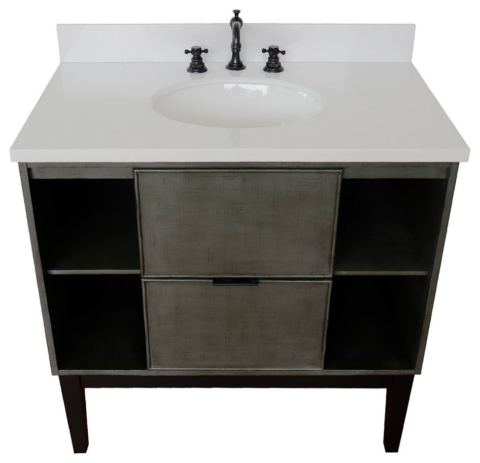 37" Single Vanity, Linen Gray Finish With Engineered Stone Top And Oval Sink
