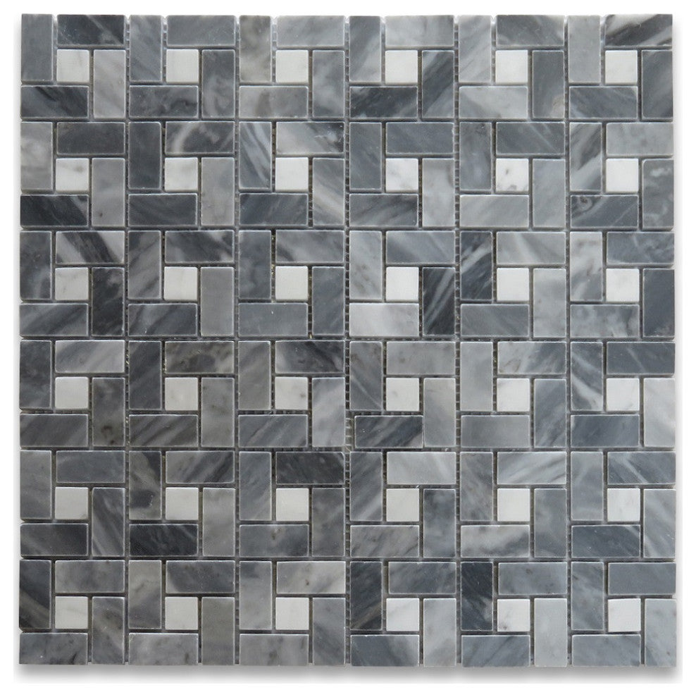 Bardiglio Gray Dark Grey Marble Pinwheel Mosaic Tile White Dots Polish, 1 sheet