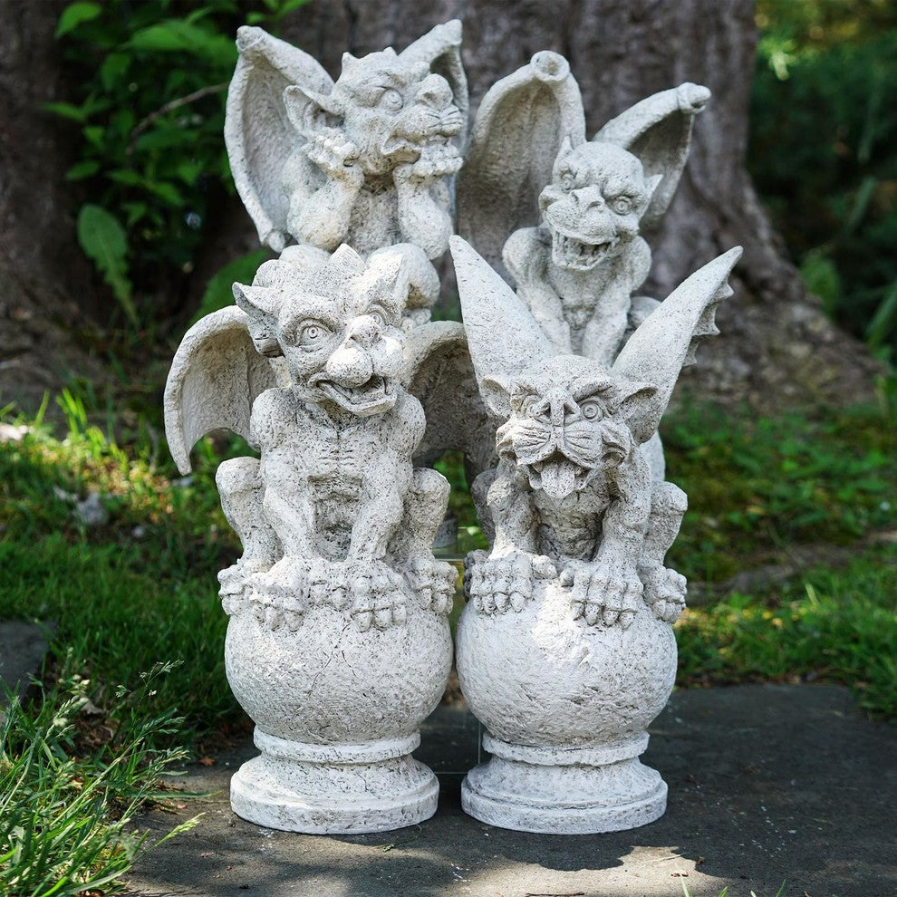 Set of 4 Decorative Gargoyles on Pedestal Finials Outdoor Garden Statues 13"