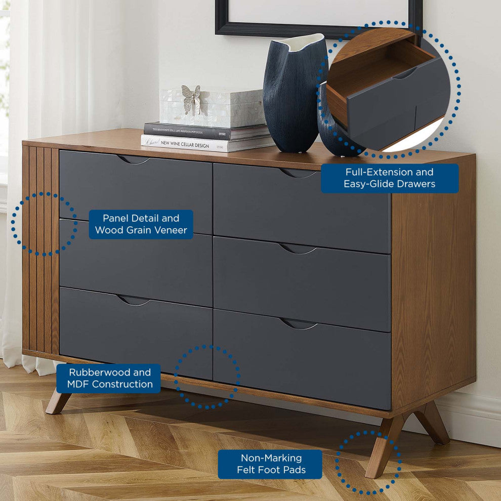 Dresser Drawer Chest Mirror Set, Walnut, Wood, Modern, Mid Century Guest Suite