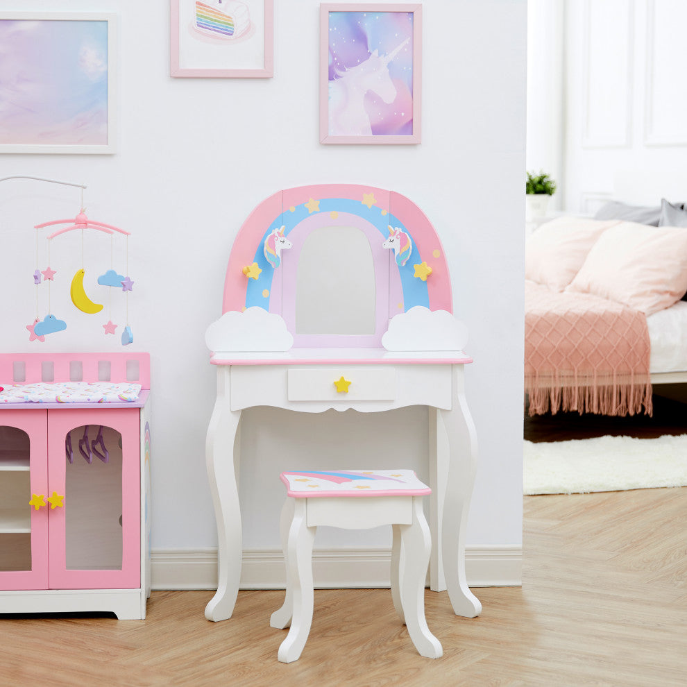 Unicorn Vanity Table Set w/ Mirror, White