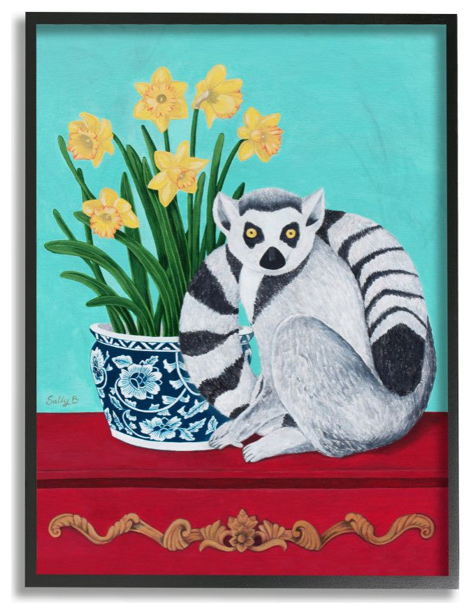 Lemur and Daffodil Flower Vase Blue Red Animal Painting, 16"x20"