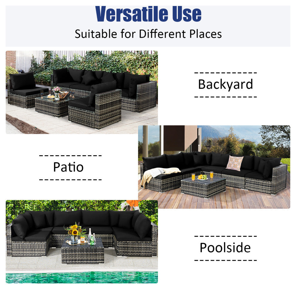 Costway 7PCS Patio Rattan Furniture Set Sectional Sofa Garden Black Cushion