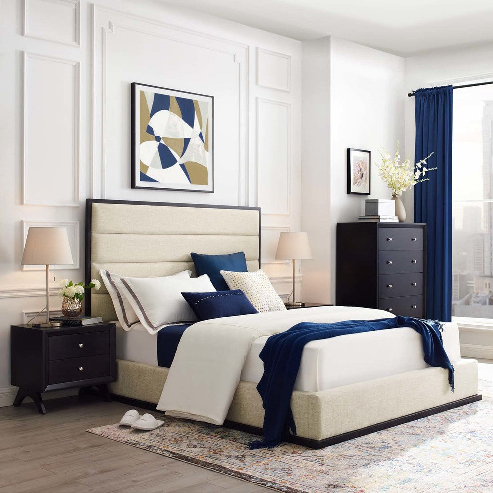 Ashland Queen Upholstered Linen Fabric Platform Bed, Beige
