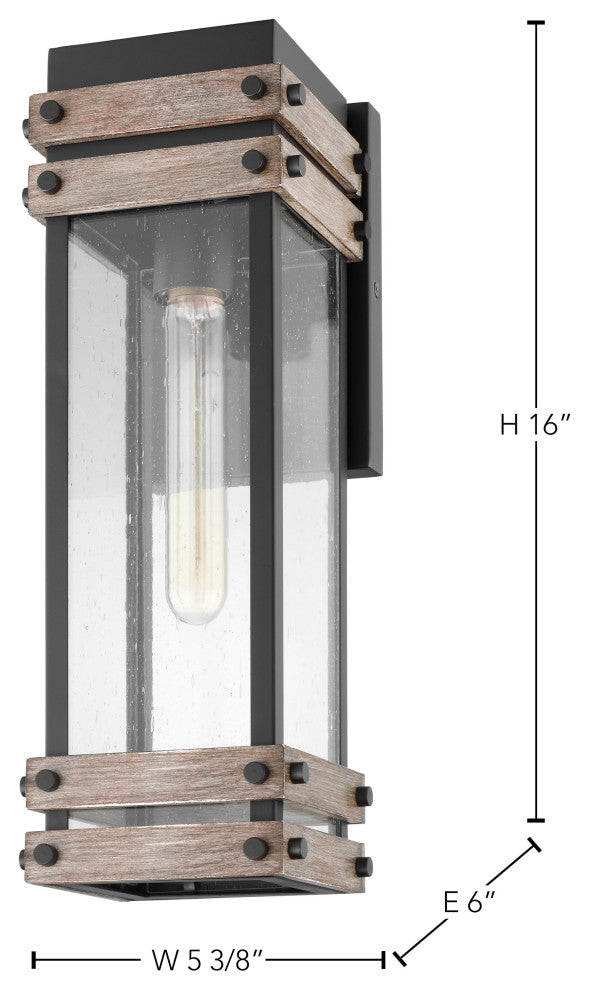 Homestead 1-Light Medium Wall Lantern, Matte Black/Wood/Clear Seed