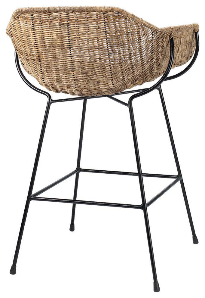 Contemporary Minimalist Natural Rattan Counter Stool Curved Seat Black Metal Leg