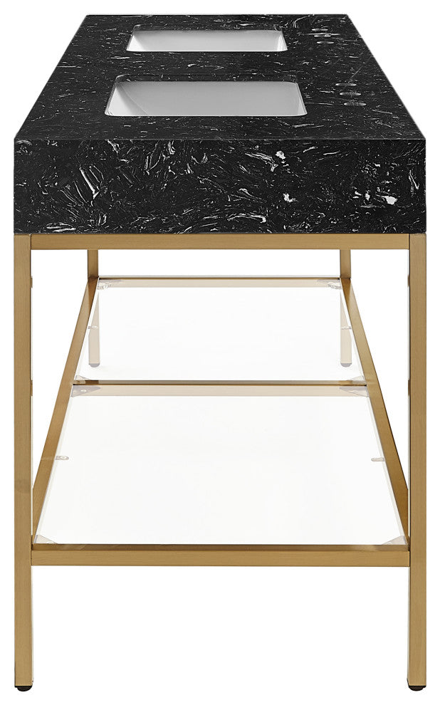 Marmo Bathroom Vanity, Black, 60" Wide, Brushed Brass Finish
