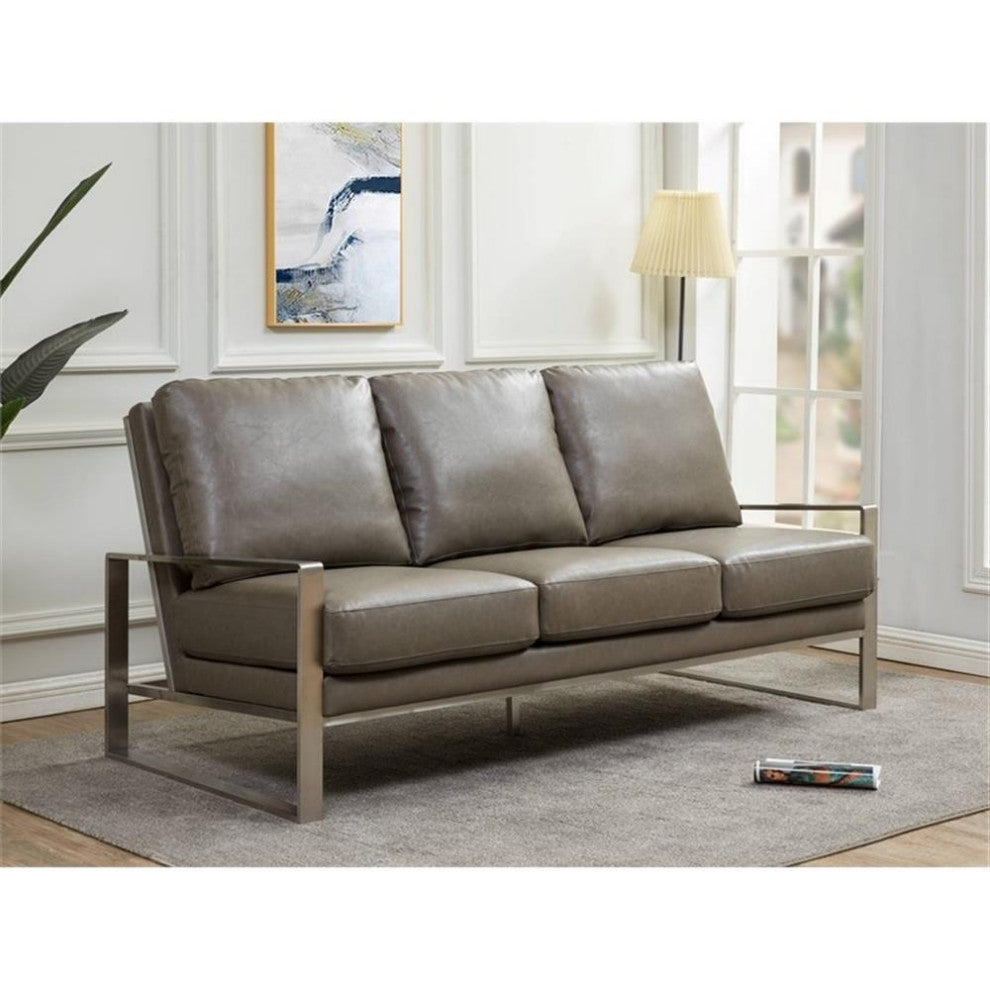 Leisuremod Jefferson Modern Faux Leather Sofa With Silver Frame Gray