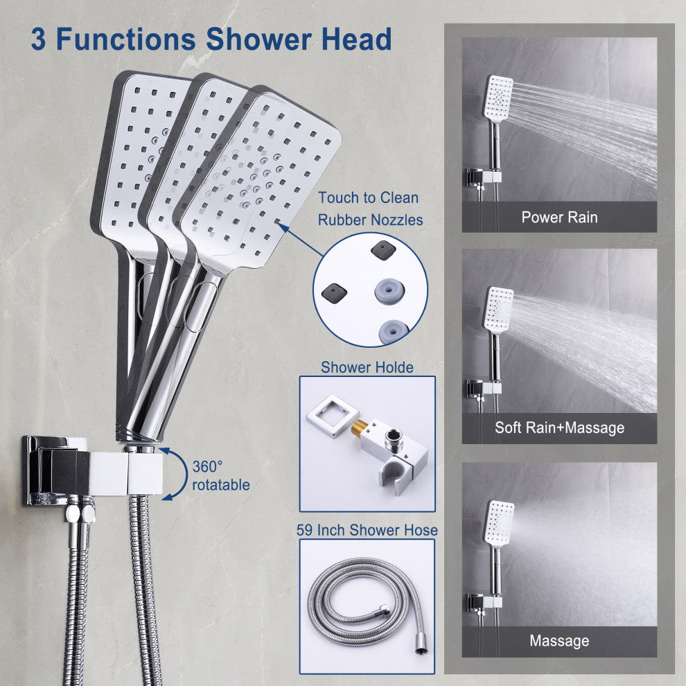CASAINC 12" Ceiling Mounted Luxury Rainfall Shower Head System w Handheld Spray, Chrome