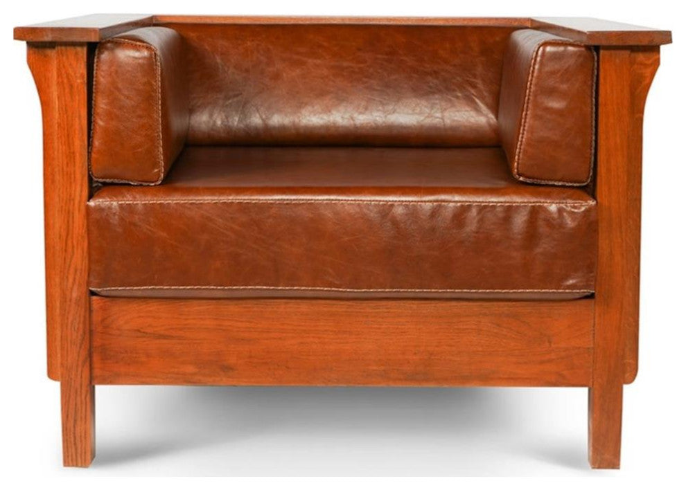 Arts and Crafts / Craftsman Cubic Slat Side Arm Chair - Chestnut Brown Leather