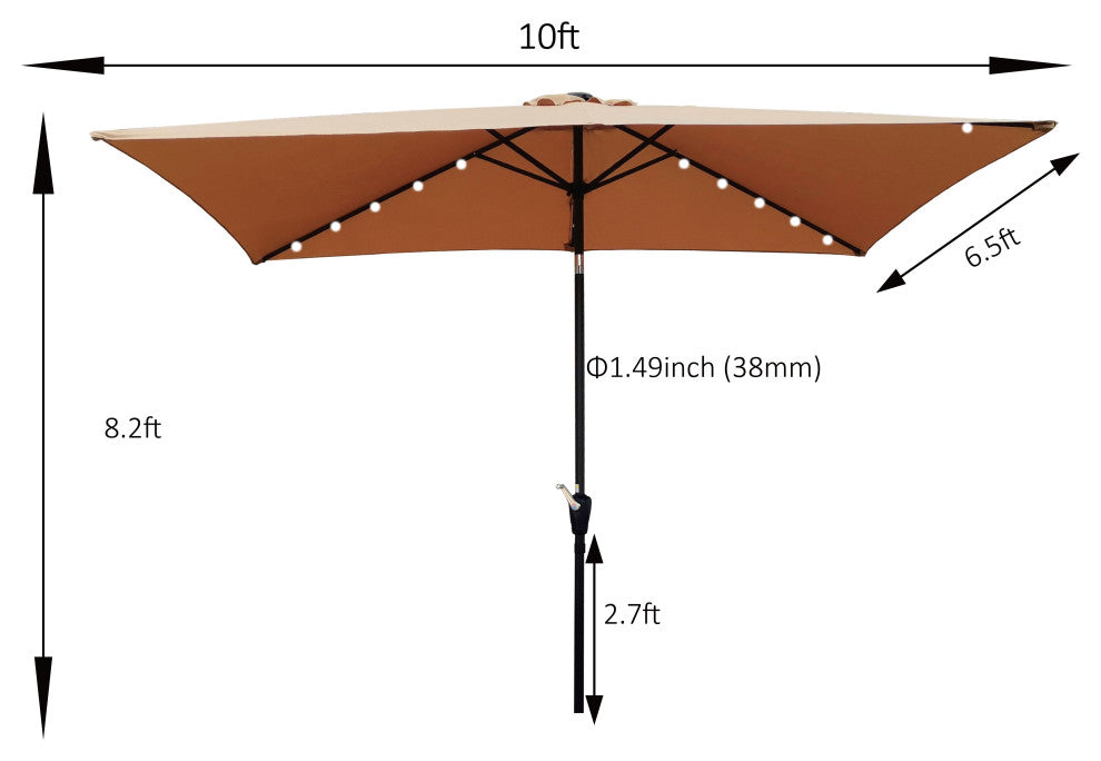 Rectangular 10' Patio Solar LED Lighted Outdoor Market Umbrella, Brown