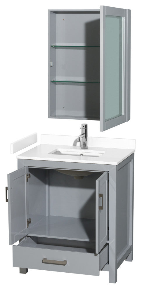 30"SGL Bathroom Vanity Gray, White Cult. Marble Countertop, Sink, Med. Cabinet