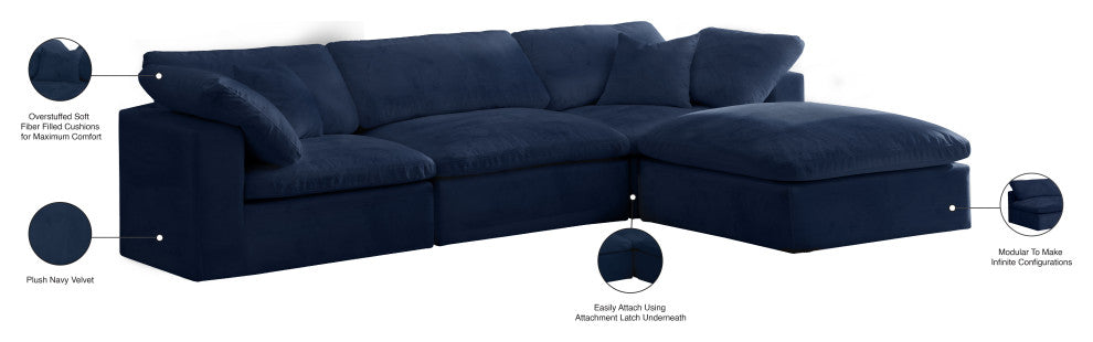 Cozy Velvet Upholstered Comfort L-Shaped Modular Sectional, Navy, 4-Piece: 1 Armless Chair, 2 Corner Chair, 1 Ottoman