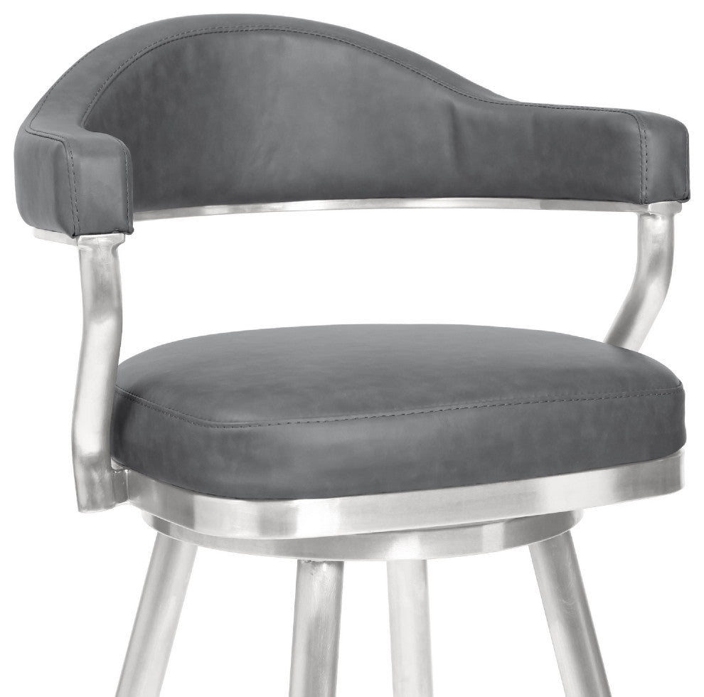 Benzara BM272498 30" Vegan Faux Leather Metal Bar Stool, Gray and Silver