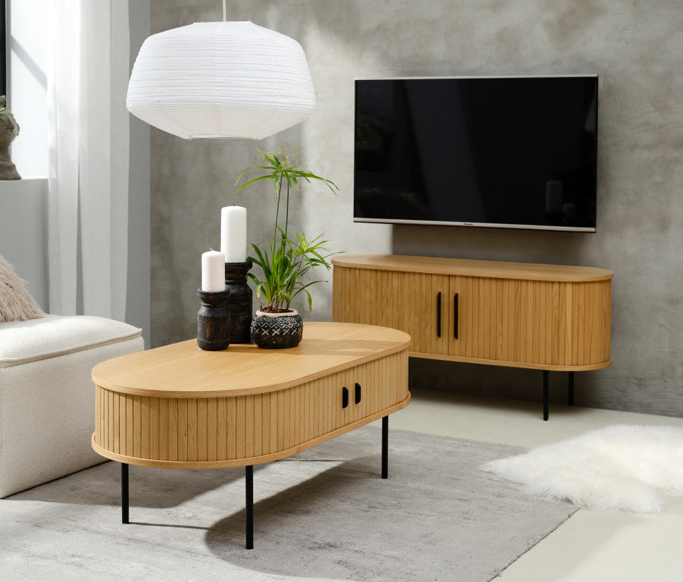 Mid-Century Modern Rounded Sliding Door TV Lowboard, Natural Oak, 47"