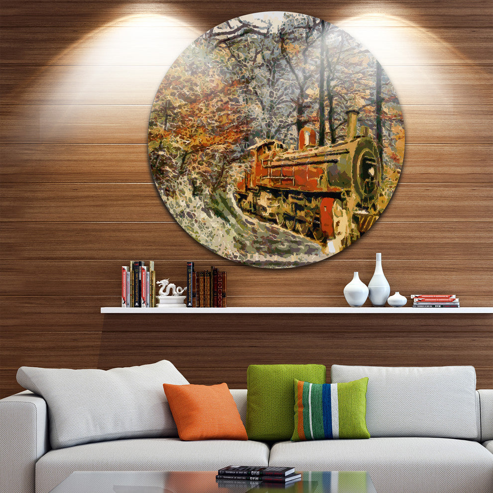 Train In Forest Oil, Landscape Disc Metal Wall Art, 23"