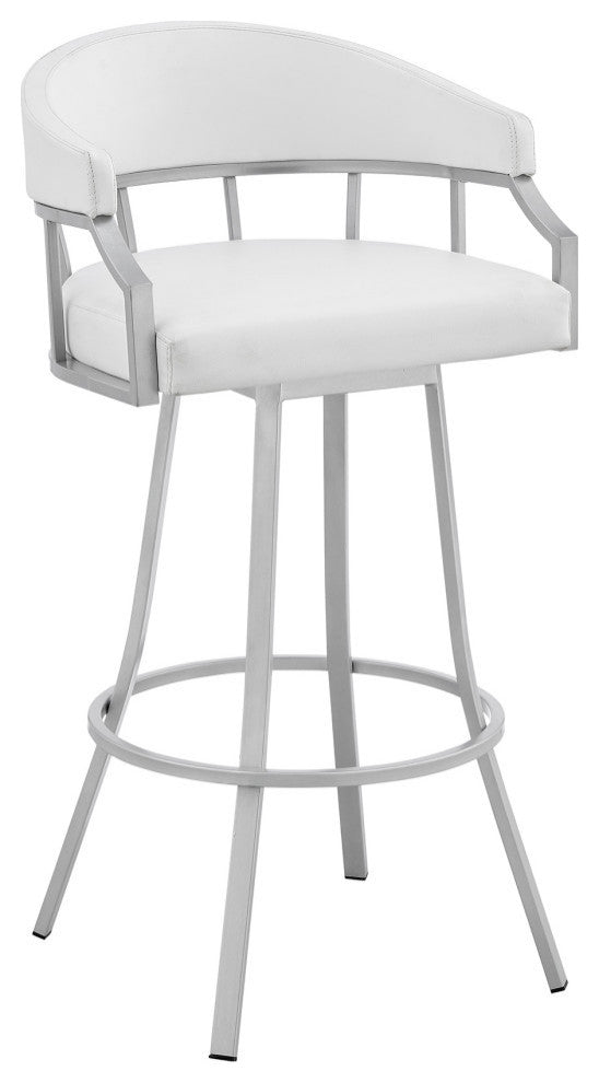 Valerie Swivel Brown Faux Leather and Java Brown Metal Bar Stool, White/Silver, Bar Height