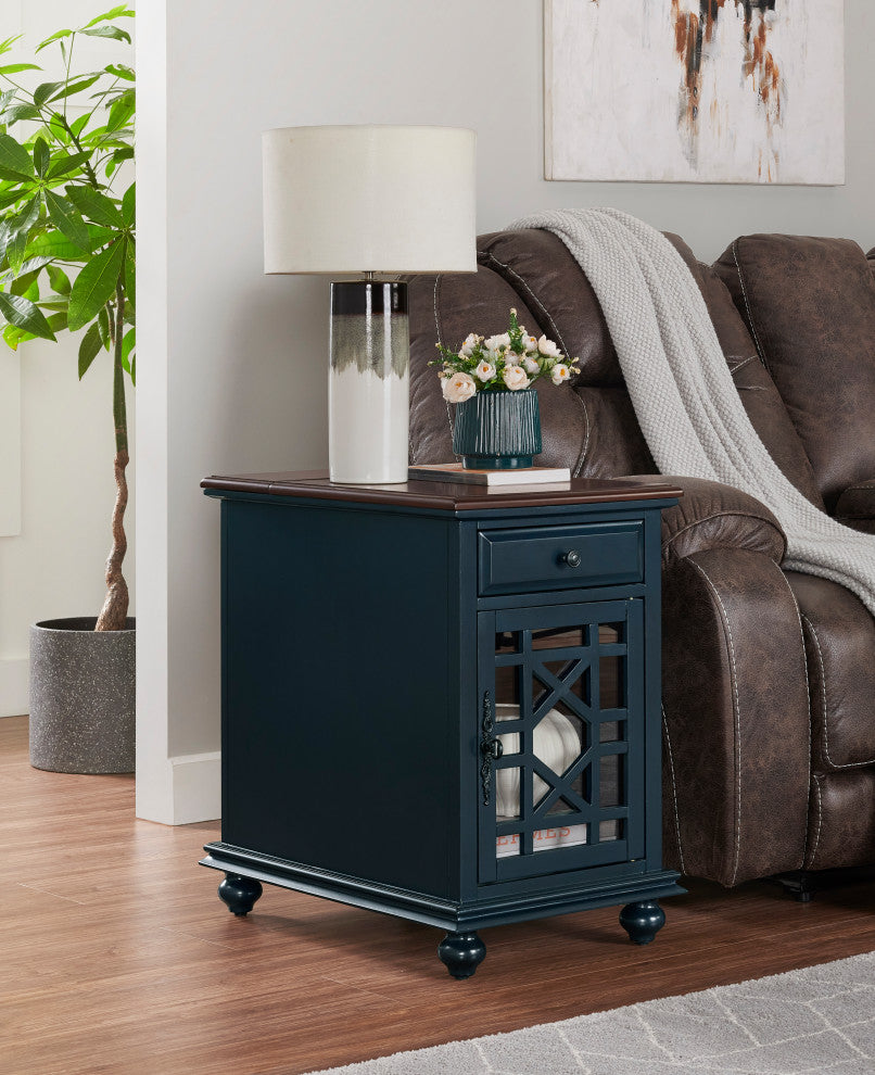 Elegant Chairside Table with Charging Station, Catalina Blue With Walnut Top