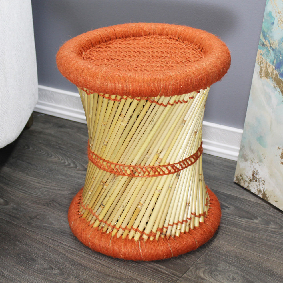 Natural Geo Moray Decorative Handwoven Jute Accent Stool, Orange