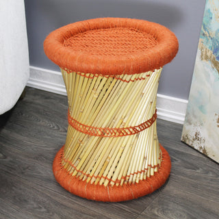 Natural Geo Moray Decorative Handwoven Jute Accent Stool, Orange