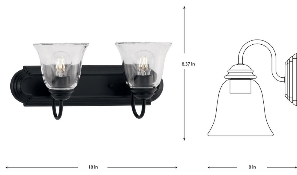 Two-Light Matte Black Transitional Bath and Vanity Light With Clear Glass
