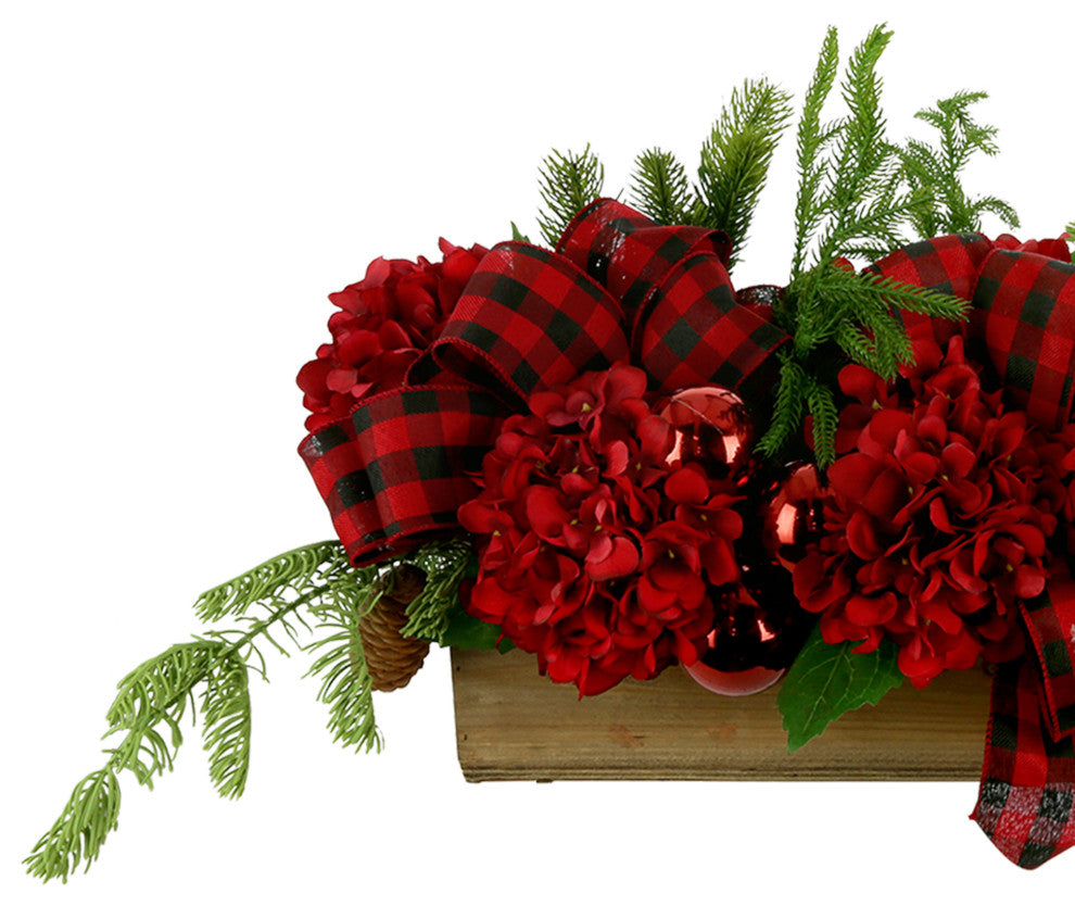Hydrangea and Evergreen Holiday Arrangement in a Wood Planter