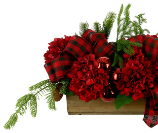 Hydrangea and Evergreen Holiday Arrangement in a Wood Planter