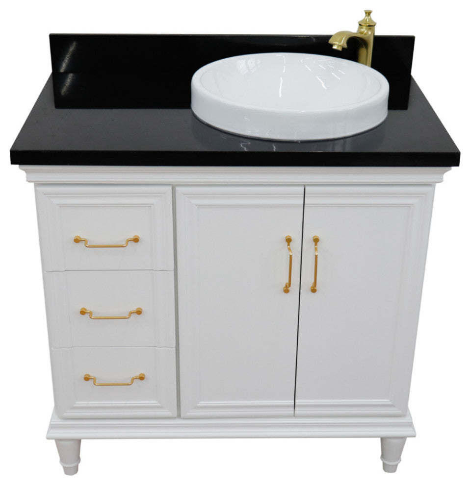 37" Single Vanity, White Finish With Black Galaxy