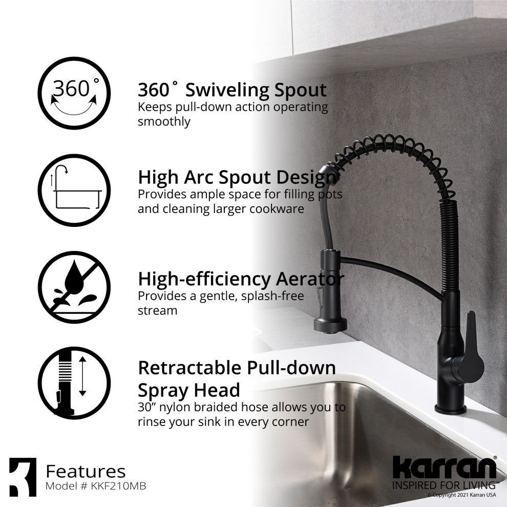 Karran 1-Handle Pull-Down Kitchen Faucet With Soap Dispenser, Matte Black