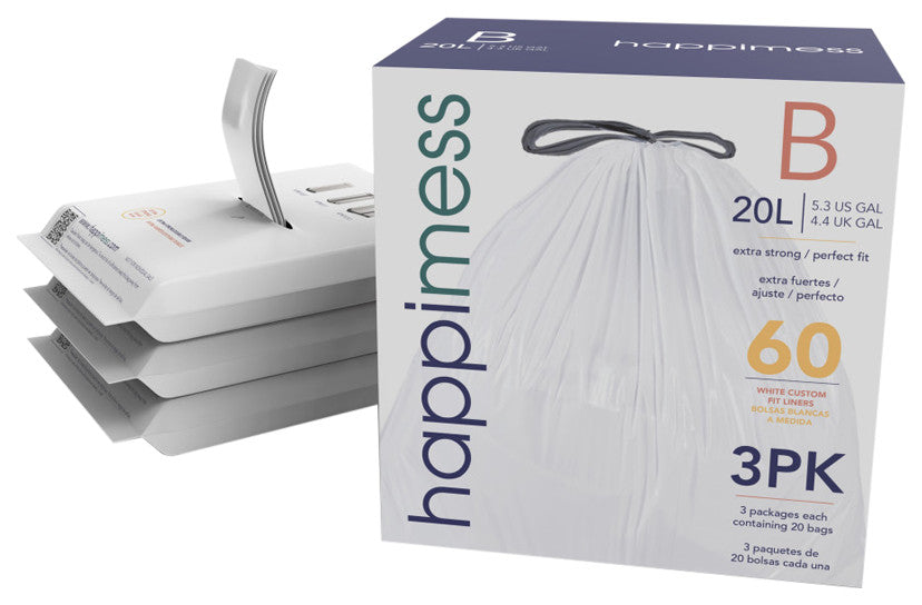 happimess Drawstring Trash Can Liner,, 60-Count, 3-Packs of 20 Liners, White, 5.3 Gallons