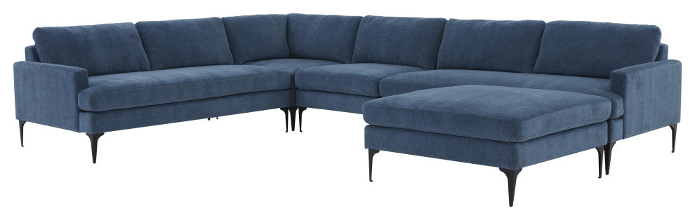 Serena Blue Velvet Large Chaise Sectional With Black Legs