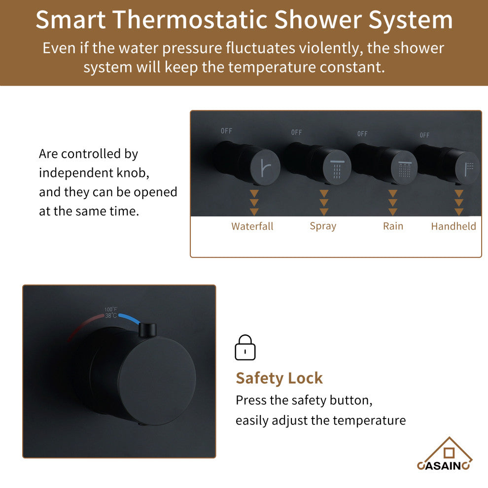 16 Inch Luxury Thermostatic Shower System, Matte Black