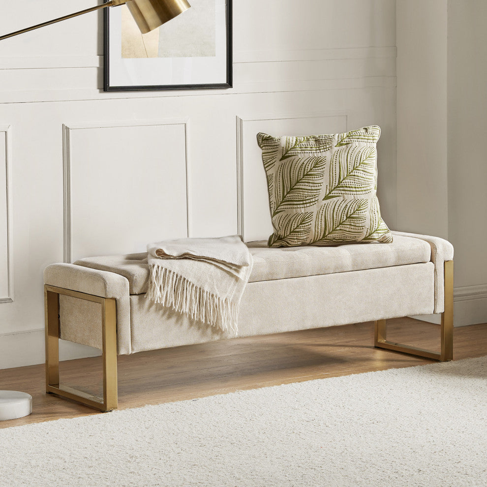 48"W Modern Upholstered Flip Top Storage Bench With Metal Legs, Beige