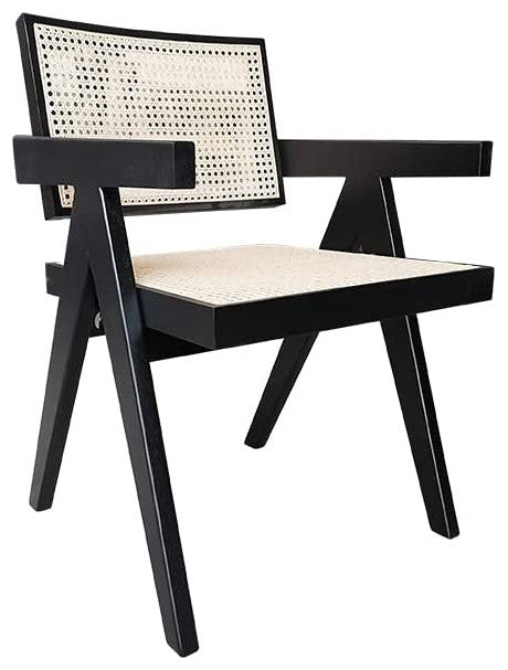 First of a Kind Rattan Cane Dining Chair Wooden Frame Accent, Black
