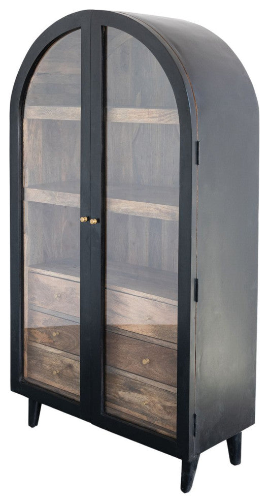 Arched Mango Wood Cabinet With 3 Shelves and 6 Drawers, Black and Natural