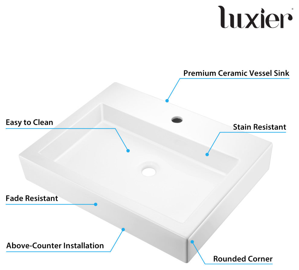 Luxier CS-021 Rectangular Bathroom Ceramic Vessel Sink Art Basin in White