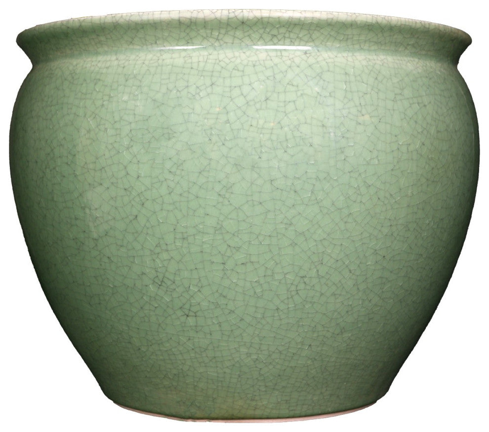 Chinese Porcelain Fish Bowl Planter, Celadon Crackle, 14"