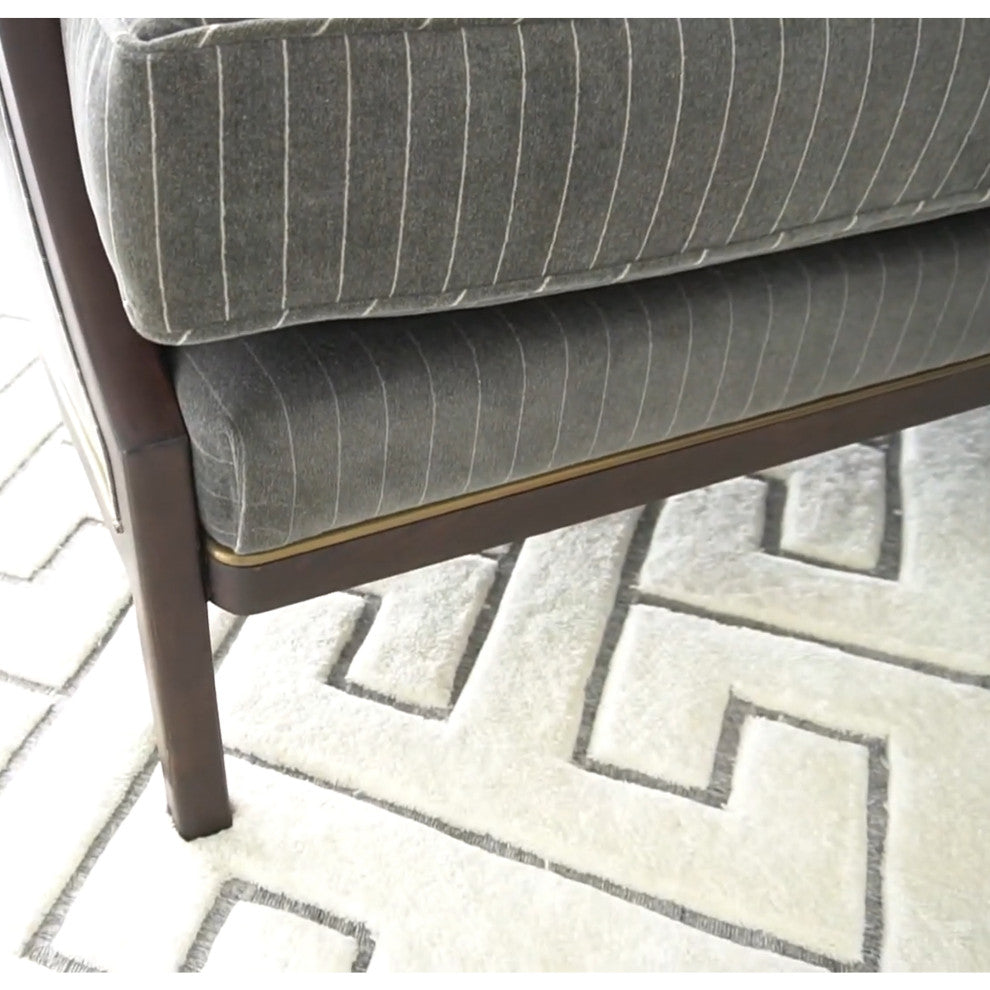 Elegant Pinstripe Gray 3 Seat Sofa Exposed Wood Velvet Curved Back Contemporary