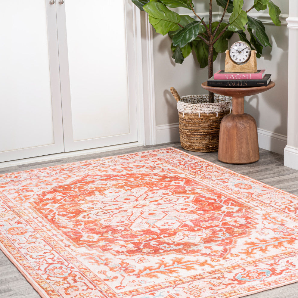 Asa Ornate Medallion Machine Washable Indoor Area Rug, Orange/Cream, 3 X 5
